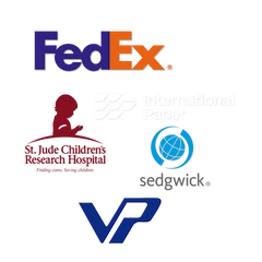 mini collage of UMRFV partner companies, local, national, fedex, international paper, sedgwick, st jude, varco pruden